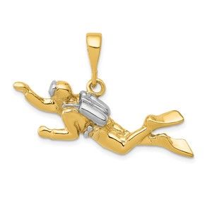 10k Yellow Gold w Rhodium Open-Backed Scuba Diver Necklace Charm Pendant, Unisex